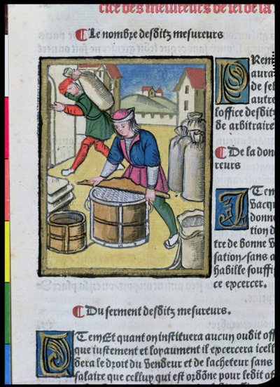 Medindo o sal, de &39;Real Ordinances of the Jurisdiction of the Prevote of the Merchants of the City of Paris&39;, 1528 (wc e guache sobre papel) de Antoine Verard